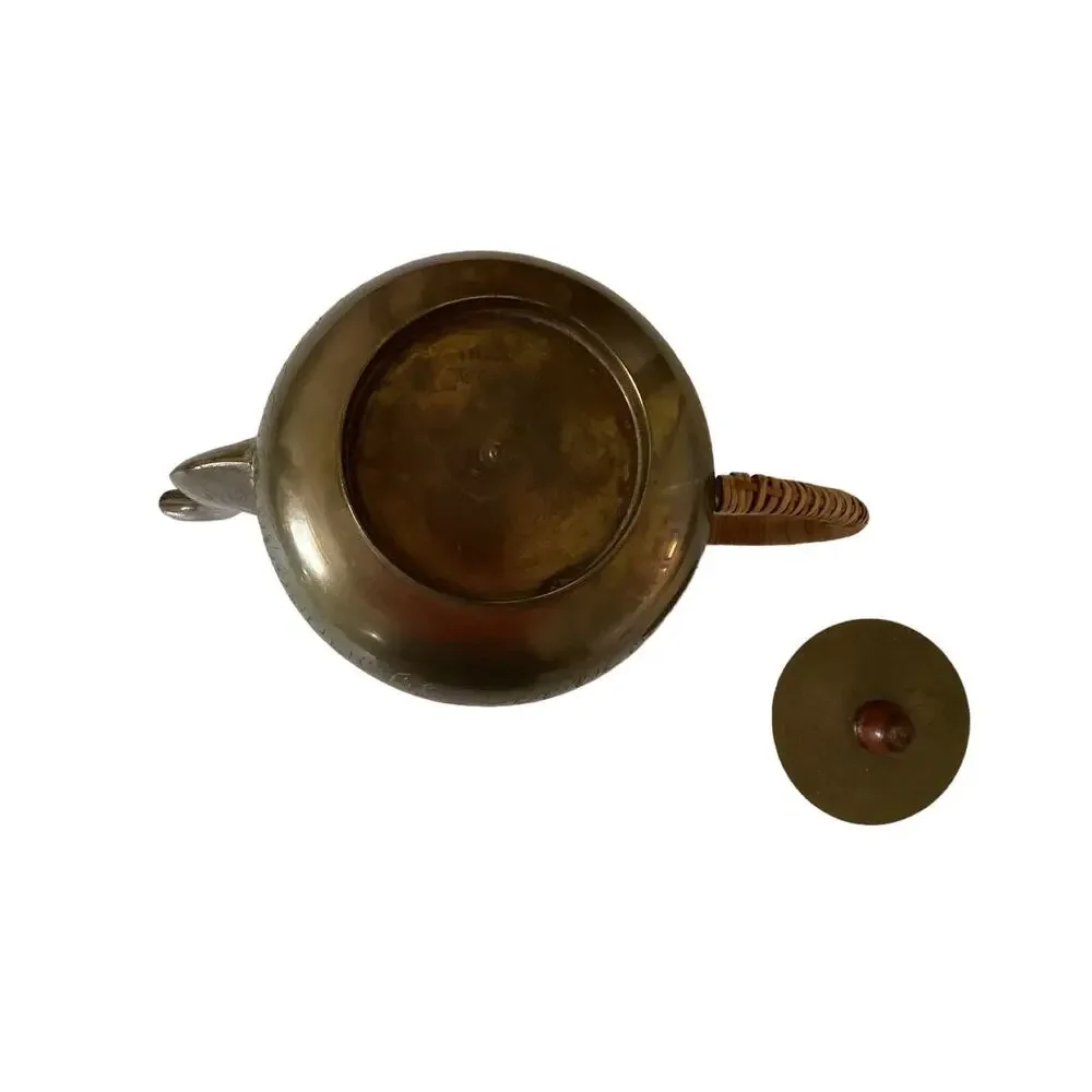 Etched Brass Vintage Teapot Woven Wrap Handle India Marked